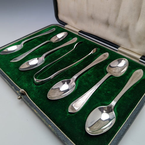 Around 1916 British Antique Pure Silver (925 Silver) 6 Teaspoons & Sugar Tong Set in Case Walker & Hall